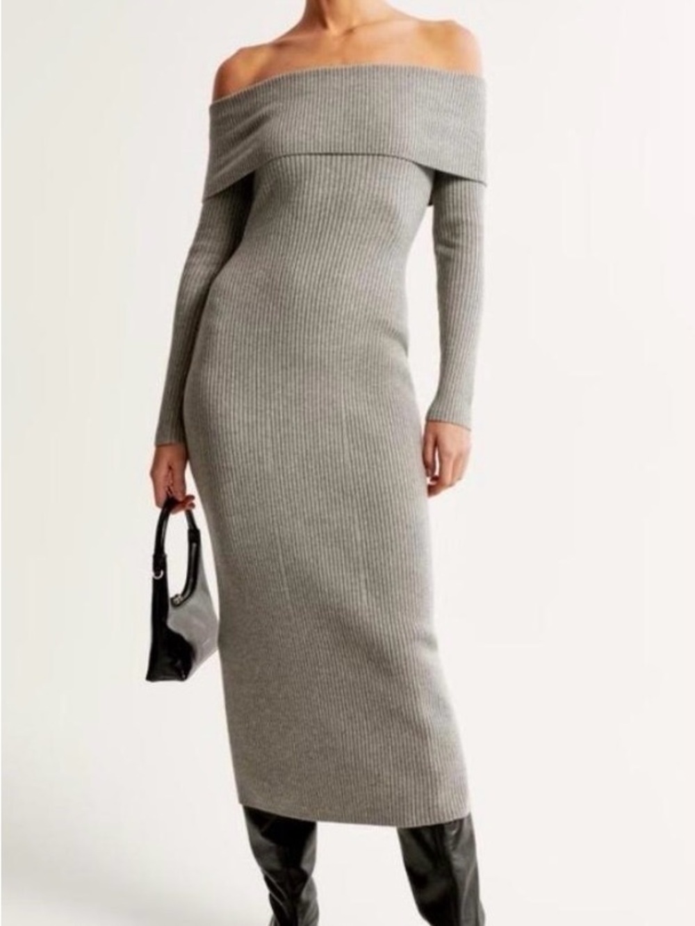 Abercrombie & Fitch Ribbed Knit off shoulder Sweater - Light Gray